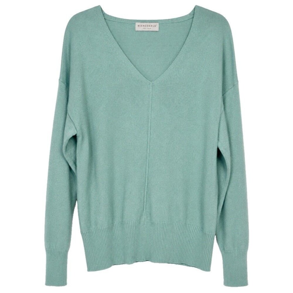 NWT Bianco & Blu Italy Cashmere Silk Wool Blend Luxury V Neck Sweater Large